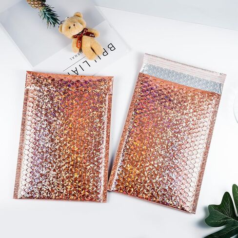 30 Pack Holographic Bubble Mailers,Waterproof Self Sealing Poly Padded Envelope,Metallic Mailing Envelopes Bubble Padded,Cushion Envelopes for Shipping Mailing Packing,11 x 7 Inch,Rose Gold in Kuwait