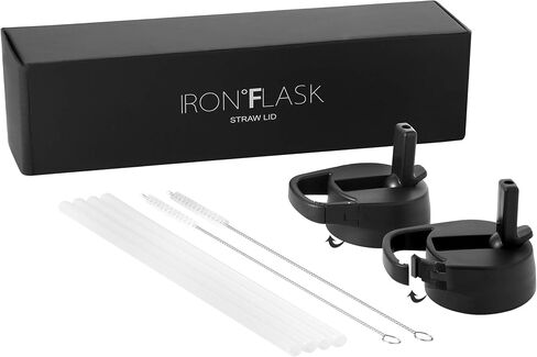 غطاء من IRON ° FLASK بغطاء من القش لزجاجات المياه الرياضية المعزولة ذات الفم العريض، بسيطة خالية من مادة BPA، غطاءان، 4 ماصات، فرشتا تنظيف (أسود) in Kuwait