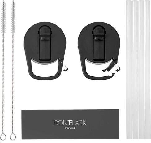 غطاء من IRON ° FLASK بغطاء من القش لزجاجات المياه الرياضية المعزولة ذات الفم العريض، بسيطة خالية من مادة BPA، غطاءان، 4 ماصات، فرشتا تنظيف (أسود) in Kuwait