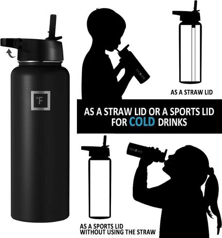 غطاء من IRON ° FLASK بغطاء من القش لزجاجات المياه الرياضية المعزولة ذات الفم العريض، بسيطة خالية من مادة BPA، غطاءان، 4 ماصات، فرشتا تنظيف (أسود) in Kuwait