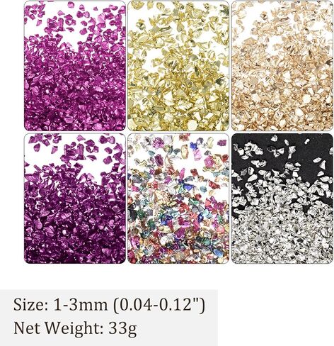 6 ألوان رقائق زجاجية مكسور - [1-3mm × 33g] سلسلة ألوان ملونة من الزجاج المعدني غير المنتظم لاستخدام الديكور DIY ، السطح الكهربائي in Saudi Arabia