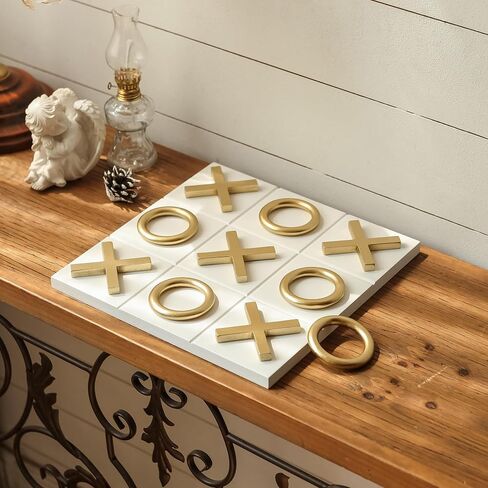 NIKKY HOME 12x12 Inch Tic Tac Toe Wood Game Board Classic Coffee Table Decor Modern Wooden Travel Game for Family, White & Gold in Saudi Arabia