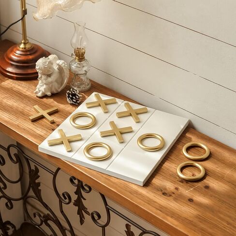 NIKKY HOME 12x12 Inch Tic Tac Toe Wood Game Board Classic Coffee Table Decor Modern Wooden Travel Game for Family, White & Gold in Saudi Arabia