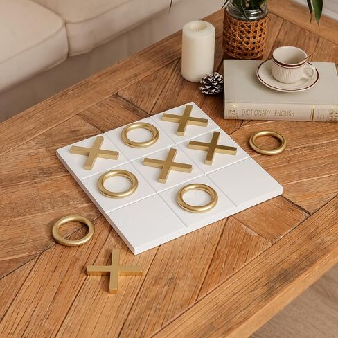 NIKKY HOME 12x12 Inch Tic Tac Toe Wood Game Board Classic Coffee Table Decor Modern Wooden Travel Game for Family, White & Gold in Saudi Arabia