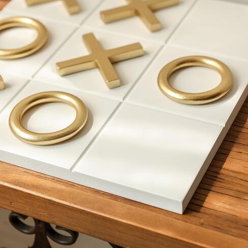 NIKKY HOME 12x12 Inch Tic Tac Toe Wood Game Board Classic Coffee Table Decor Modern Wooden Travel Game for Family, White & Gold in Saudi Arabia