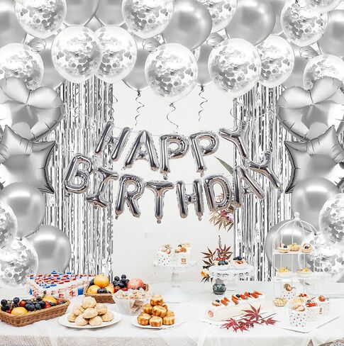 Silver Happy Birthday Decorations for Women Girls, Pink Happy Birthday Banner, Foil Heart Star Confetti Balloons, Fringe Curtain Decor Backdrop in Saudi Arabia