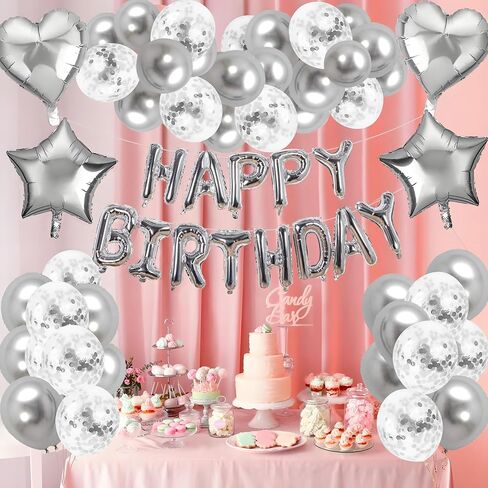Silver Happy Birthday Decorations for Women Girls, Pink Happy Birthday Banner, Foil Heart Star Confetti Balloons, Fringe Curtain Decor Backdrop in Saudi Arabia