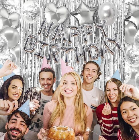 Silver Happy Birthday Decorations for Women Girls, Pink Happy Birthday Banner, Foil Heart Star Confetti Balloons, Fringe Curtain Decor Backdrop in Saudi Arabia