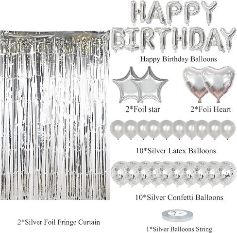 Silver Happy Birthday Decorations for Women Girls, Pink Happy Birthday Banner, Foil Heart Star Confetti Balloons, Fringe Curtain Decor Backdrop in Saudi Arabia