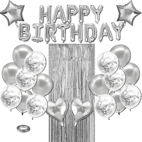 Silver Happy Birthday Decorations for Women Girls, Pink Happy Birthday Banner, Foil Heart Star Confetti Balloons, Fringe Curtain Decor Backdrop in Saudi Arabia