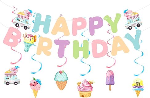 Birthday Decorations, Happy Birthday Banner Sign with Ice Cream Hanging Swirls Streamers, Lovely Happy Birthday Party Decorations for Kids Girls Boys in Kuwait