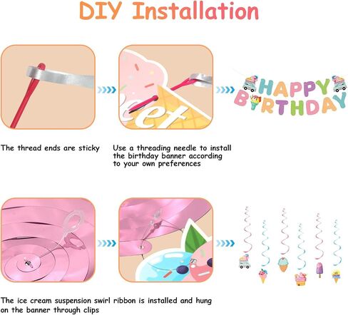 Birthday Decorations, Happy Birthday Banner Sign with Ice Cream Hanging Swirls Streamers, Lovely Happy Birthday Party Decorations for Kids Girls Boys in Kuwait
