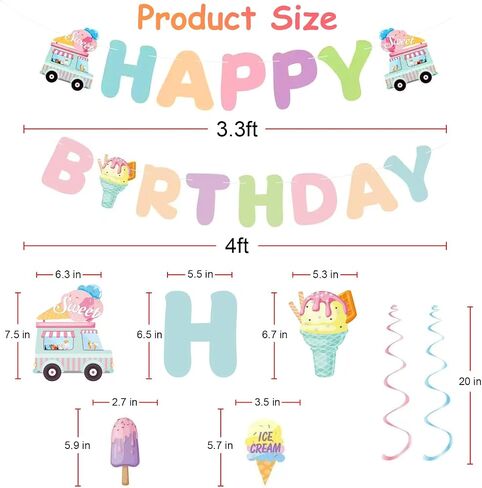 Birthday Decorations, Happy Birthday Banner Sign with Ice Cream Hanging Swirls Streamers, Lovely Happy Birthday Party Decorations for Kids Girls Boys in Kuwait