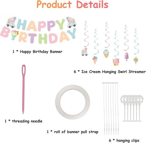 Birthday Decorations, Happy Birthday Banner Sign with Ice Cream Hanging Swirls Streamers, Lovely Happy Birthday Party Decorations for Kids Girls Boys in Kuwait