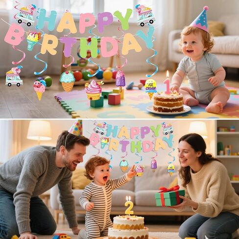 Birthday Decorations, Happy Birthday Banner Sign with Ice Cream Hanging Swirls Streamers, Lovely Happy Birthday Party Decorations for Kids Girls Boys in Kuwait