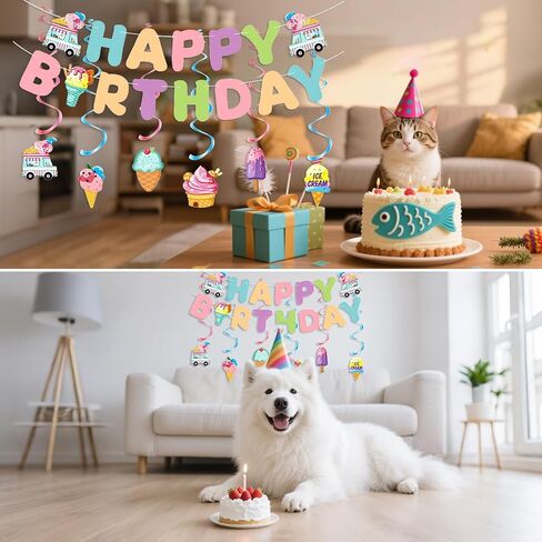 Birthday Decorations, Happy Birthday Banner Sign with Ice Cream Hanging Swirls Streamers, Lovely Happy Birthday Party Decorations for Kids Girls Boys in Kuwait