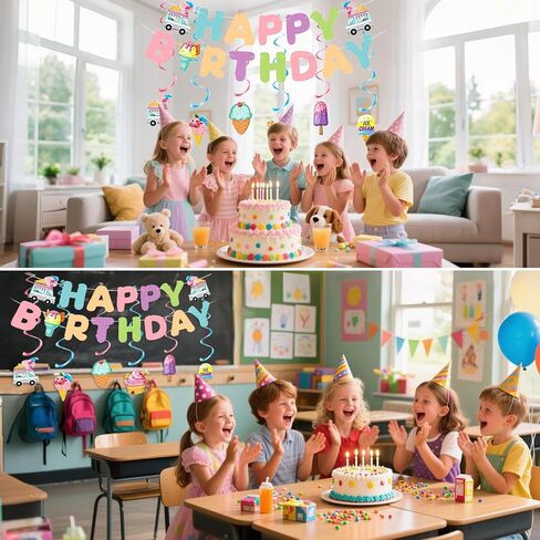 Birthday Decorations, Happy Birthday Banner Sign with Ice Cream Hanging Swirls Streamers, Lovely Happy Birthday Party Decorations for Kids Girls Boys in Kuwait