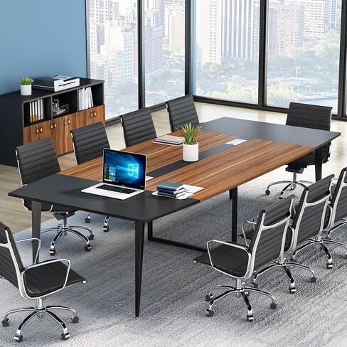 Tribesigns 8ft Conference Table ، 94.48L × 47.24W × 29.52H بوصة على شكل قارب مع طاولة اجتماعات مستطيل ، طاولة مجلس الإدارة الندوة الحديثة لغرفة المؤتمرات المكتبية (8 أقدام ، الجوز والأسود) in Kuwait