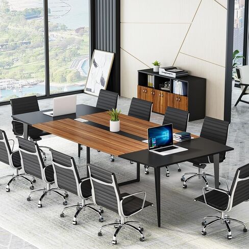 Tribesigns 8ft Conference Table ، 94.48L × 47.24W × 29.52H بوصة على شكل قارب مع طاولة اجتماعات مستطيل ، طاولة مجلس الإدارة الندوة الحديثة لغرفة المؤتمرات المكتبية (8 أقدام ، الجوز والأسود) in Kuwait