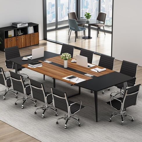Tribesigns 8ft Conference Table ، 94.48L × 47.24W × 29.52H بوصة على شكل قارب مع طاولة اجتماعات مستطيل ، طاولة مجلس الإدارة الندوة الحديثة لغرفة المؤتمرات المكتبية (8 أقدام ، الجوز والأسود) in Kuwait