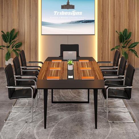 Tribesigns 8ft Conference Table ، 94.48L × 47.24W × 29.52H بوصة على شكل قارب مع طاولة اجتماعات مستطيل ، طاولة مجلس الإدارة الندوة الحديثة لغرفة المؤتمرات المكتبية (8 أقدام ، الجوز والأسود) in Kuwait
