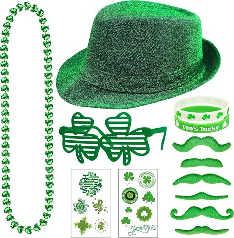 مجموعة إكسسوارات عيد القديس باتريك تتضمن قبعة خضراء ونظارات شامروك وقلائد ولحية خضراء وشم مؤقت in Kuwait