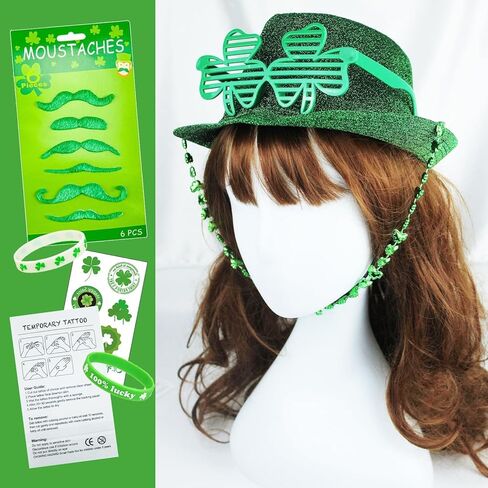 مجموعة إكسسوارات عيد القديس باتريك تتضمن قبعة خضراء ونظارات شامروك وقلائد ولحية خضراء وشم مؤقت in Kuwait