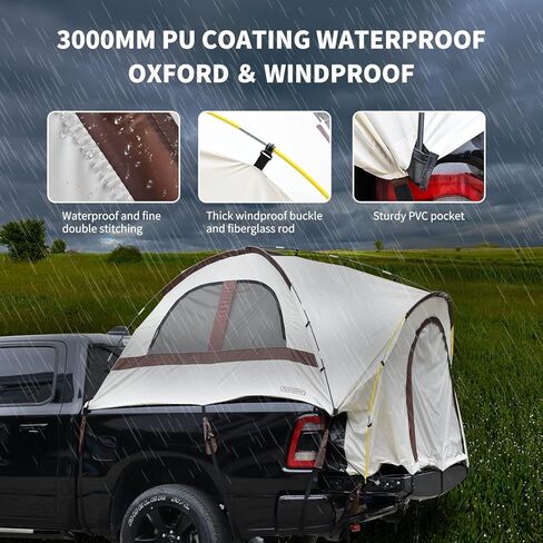 خيمة شاحنة تيكوم لسرير 5.5-5.8 قدم، خيمة سرير شاحنة مقاومة للماء PU3000 مم مع ذبابة مطر قابلة للإزالة، حقيبة حمل، 2 شخص محمول مزدوج الطبقة خيام شاحنة بيك اب مقاومة للرياح للتخييم وصيد الأسماك، كاكي in Kuwait