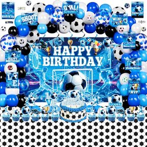 Soccer Party Decorations for Boys, 171Pcs Blue Soccer Ball Birthday Party Decor Supplies - Backdrop, Sticker, Balloons, Cake Toppers, Tablecloth, Centerpieces, Hanging Swirls, Wall Signs