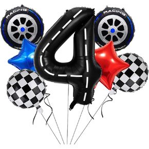 Race Car Balloons Cars Birthday Decorations Foil Wheels Balloon, Large 40 Inch Black Number 5 Balloons for 5th Racing Theme Birthday Party Decor 7 Pcs