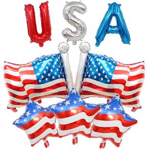 8 Pcs 4th of July Balloons American Flag Star Balloons USA Balloon Red White and Blue Foil Balloon for Independence Day Party Decorations