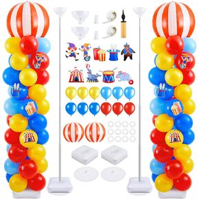 Gejoy 2 Set Carnival Balloon Column Stand Kit with 123 Pcs Carnival Balloons 9 Pcs Carnival Cards 6.5 ft Adjustable Balloon Tower Pillar with Metal Telescopic for Carnival Circus Party Decorations