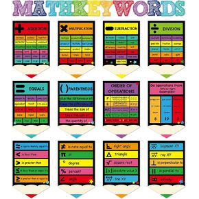 CHUNNIN 24Pcs Boho Math Posters Math Keywords Classroom Decorations Maths Symbol Bulletin Board Maths Classroom Must Haves for Elementary Middle School High School Chalkboard Wall Door Supplies