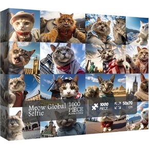 Funny Cat Puzzles for Adults 1000 Piece, Selfie Cat Animal Jigsaw Puzzle, Cats Travels Around The World Puzzle as Home Decor