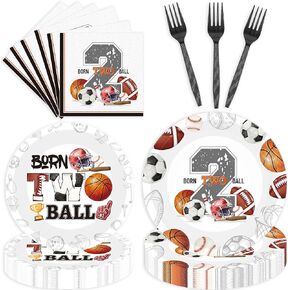 96 Pcs Born 2 Ball Birthday Decorations, Sports Ball Themed 2nd Birthday Party Plates Napkins and Forks for 24 Guests, Fun Two Year Old Boy Party Supplies