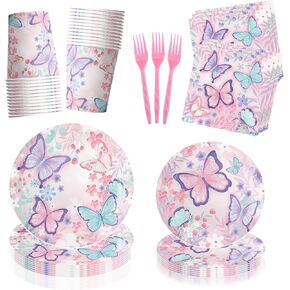120pcs Butterfly Birthday Party Supplies, Butterfly Party Decorations, Includes Plates, Napkins, Cups, Forks Tableware, Serves 24