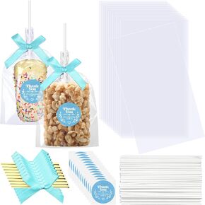 Wavwavw 100 Sets Clear Rice Treat Bags with Ribbon Bow and Thank You Stickers Clear Flat Cellophane Treat Candy Bags for Rice Treats Gift Giving Bag(Pink)