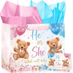 Large Gender Reveal Paper Bag with Tissue Paper and Greeting Card Bear Baby Shower Wrapping Paper Bag Pink and Blue He or She Gender Reveal Treat Candy Bags for Baby Shower Party Supplies Decorations
