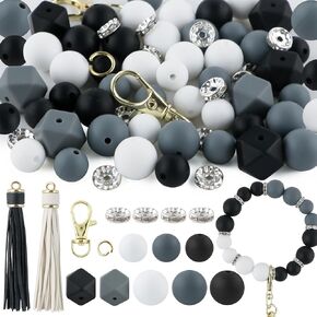 Sunrony 60Pcs Mixed Turquoise Mint White Tassels Keychains Rhinestone Spacer Round Hexagon Silicone Beads for Keychain Making and Necklace Bracelet, 12mm 14mm 15mm Silicone Beads for Pens Crafts