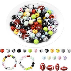 Halloscume 120 Pcs Sports Ball Beads 20 Styles Soccer Basketball Baseball Volleyball Football Tennis Softball Mix Beads for DIY Bracelet Necklace Making Crafts Bracelets Necklaces Pendants Keychains