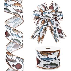 Vintage Fish Wired Edge Ribbon Gone Fishing Fishpond Decorative Craft Ribbon Gift Wrap Fabric Ribbons for Summer Birthday Baby Shower Wreath Bow DIY Wrapping Party Decor, 12 Yard,2.5 Inch