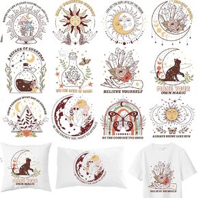 Boho Iron on Transfers, 12 PCS DTF Transfers Ready to Press Iron on Patch Applique Decals, Sun Moon Heat Transfer Vinyl for T-Shirts Bag Clothing DIY Crafts
