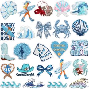 24 Pcs Coastal Cowgirl Iron On Patches, Sew On/Iron On Repair Applique Summer Ocean Embroidered Patches for T-Shirt, Jackets, Jeans, Vests, Hats, Backpacks