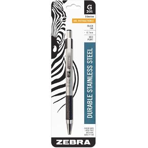 Zebra G-301 Stainless Steel Retractable Gel Pen, Medium Point, 0.7mm, Black Ink, 3-Count