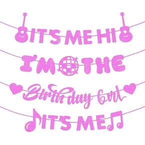 Pre-Strung Glittery Pink 'It's Me Hi I'm The Birthday Girl' Banner - Birthday Girls Theme Hanging Paper Garland Bunting Banner Sign Decorations, Photo Backdrop for Wall Home Mantle Party Supplies