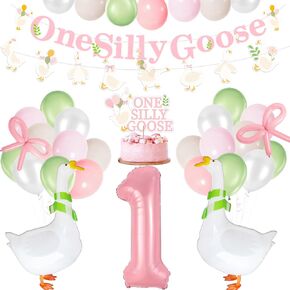 One Silly Goose 1st Birthday Party Decoration Set Pink Silly Goose Photo Banner Girls First Birthday Decorations with Balloons Cupcake Toppers for Girls Funny Party Supplies