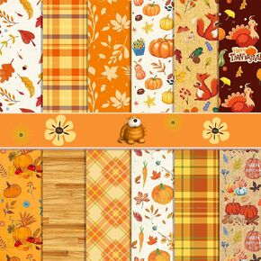 VIVIQUEN 24 Sheets Thanksgiving Autumn Pumpkin Double-Sided Scrapbook Paper 30x30cm Fall Gingham Craft Paper Folded Flat for DIY Decorative Background Card Making Photo Album Junk Journal Decor