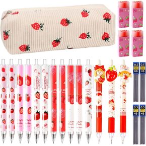 Cute Strawberry School Supplies,Kawaii Stationery Birthday Gifts,Includes Erasers,Strawberry Mechanical Pencils,Lead Refills,Strawberry Pens,Pencil Holder,for Office School Supplies
