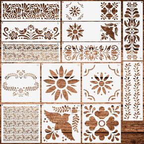 14 Pcs Talavera Stencils for Crafts,Resuable Cake Stencils,Mexican Floral Stencil for Furniture Wood Wall Canvas Floor,Border Stencil for Painting Fabric DIY Projects
