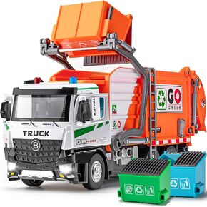 AUTO-Lift Function Garbage Truck Toys Metal Cab, Trash Truck Toy Set with Lights and Sounds Includes 3 Dumpsters, Birthday Gift for Kids Boys Toddlers (Green)
